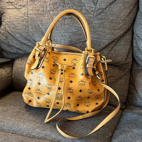 MCM Handbags - MCM  Visetos Cognac Bucket Crossbody Bag-Dual Handle+Strap